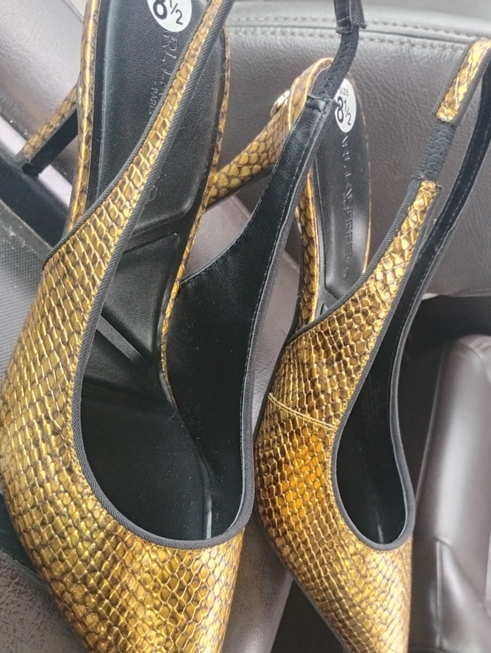 Karl Lagerfeld Gold Snake-Print Slingback Heels with Black Interior